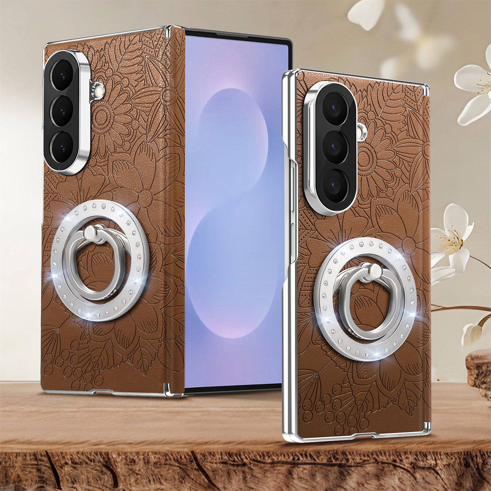 Alt View 4. Dteck - Shockproof Leather Texture Case for Samsung Galaxy Z Fold8 Ultra with Ring Stand, Magnetic Rigid Plastic Hinge Cover - Brown.