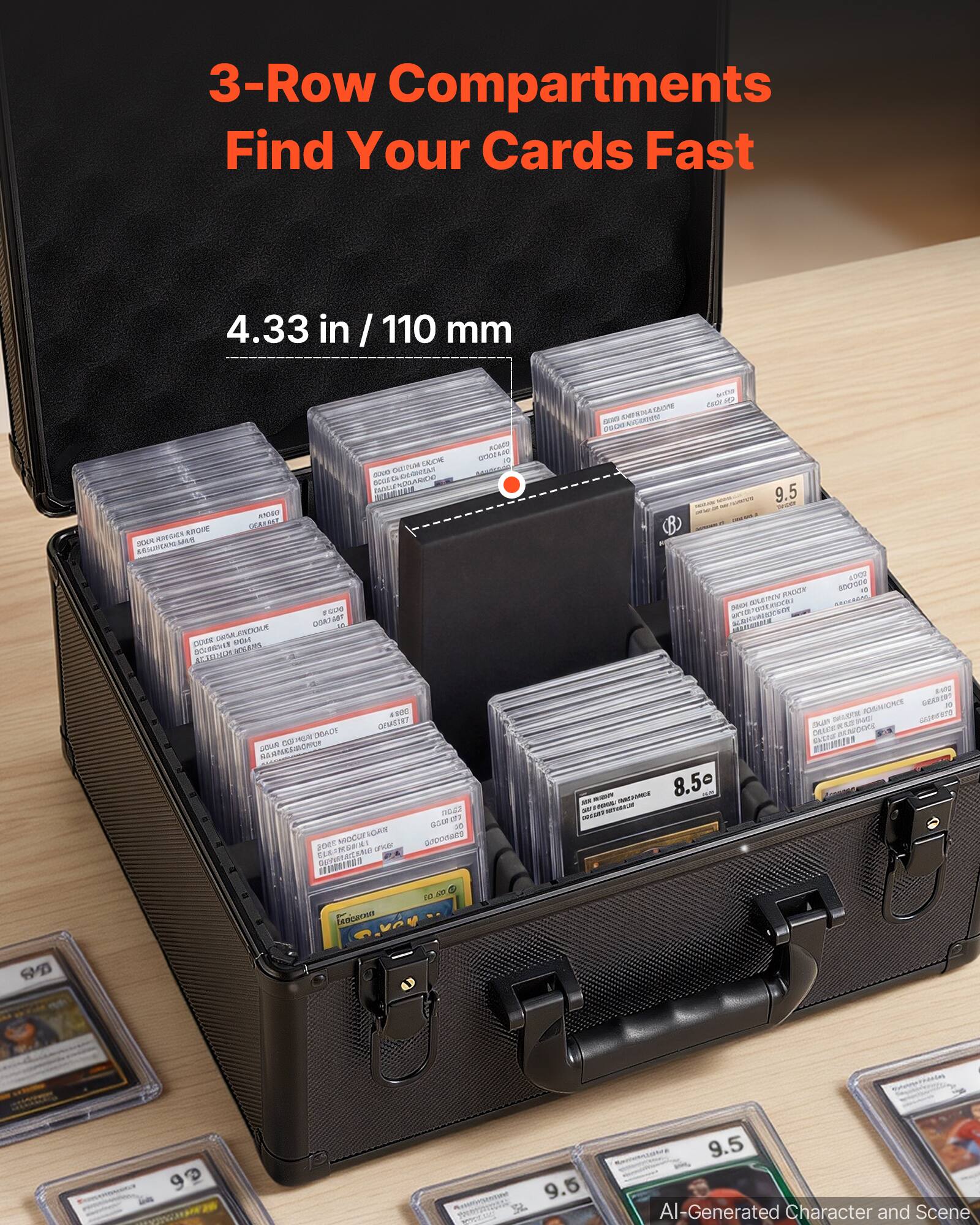 3-Row Compartments Find Your Cards Fast  
4.33 in / 110 mm  
AI-Generated Character and Scene