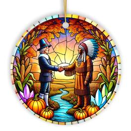 OrnamentallyYou - Pilgrim and Native American Chief Harmonious Unity Ornament Harvest Celebration Keepsake Version 1 - Multi-colored