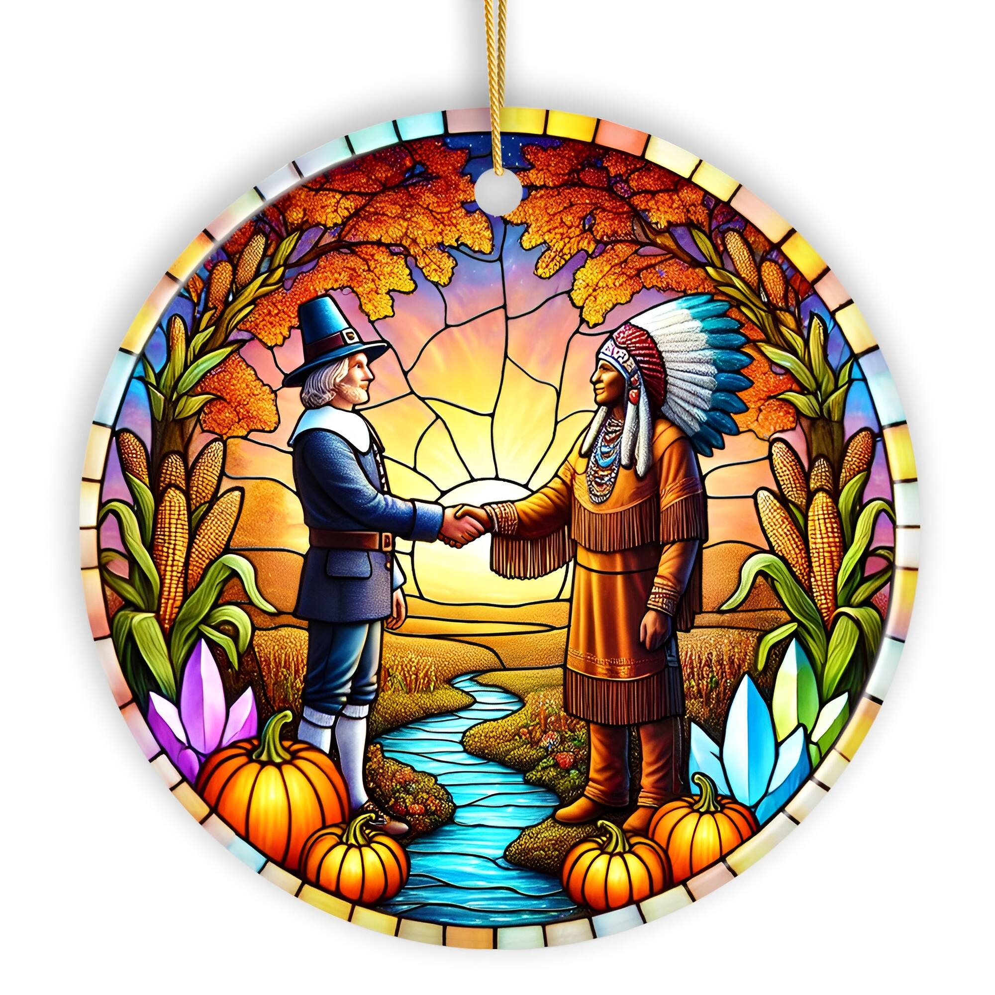 Front. OrnamentallyYou - Pilgrim and Native American Chief Harmonious Unity Ornament Harvest Celebration Keepsake Version 1 - Multi-colored.