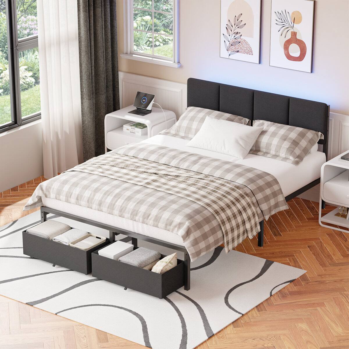Alt View 1. Furnulem - Upholstered Bed Frame with 2 Storage Drawers Modern Platform Bed with Charging Station & LED Light - Black.