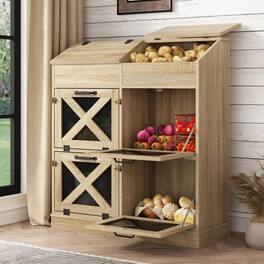 Espafurni - Spacious Wood Bread Box & Veggie Bin - 6 Large Storage Boxes, 4 Mesh Doors - Ideal for Potatoes, Onions & More in Kitche - Oak