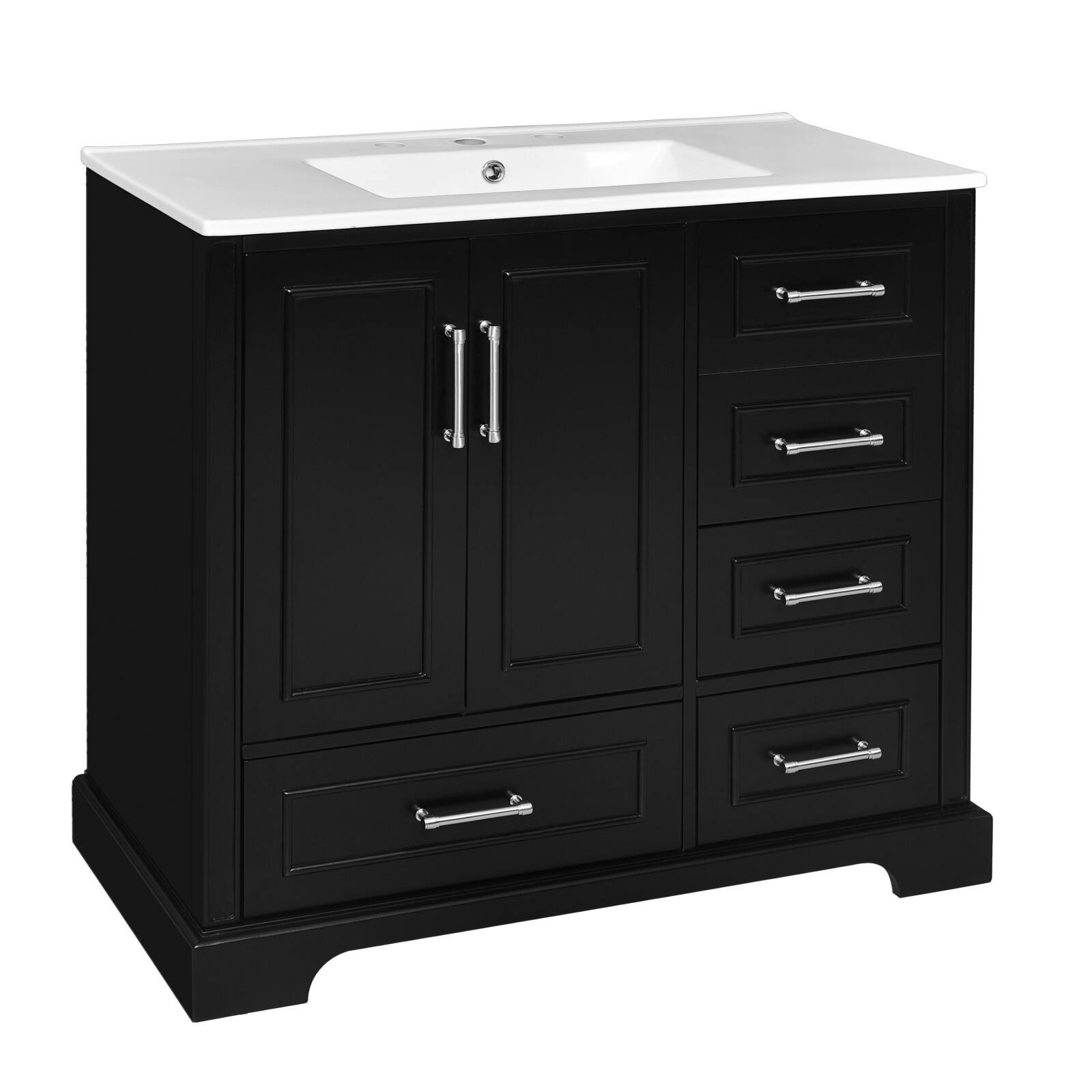 36 Inch Traditional Bathroom Vanity with Ceramic Sink, 2 Doors & 4 Drawers