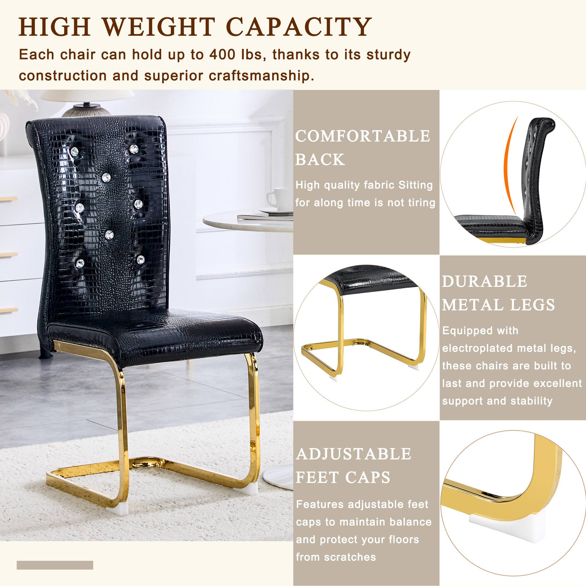 **HIGH WEIGHT CAPACITY**  
Each chair can hold up to 400 lbs, thanks to its sturdy construction and superior craftsmanship.

**COMFORTABLE BACK**  
High quality fabric. Sitting for a long time is not tiring.

**DURABLE METAL LEGS**  
Equipped with electroplated metal legs, these chairs are built to last and provide excellent support and stability.

**ADJUSTABLE FEET CAPS**  
Features adjustable feet caps to maintain balance and protect your floors from scratches.