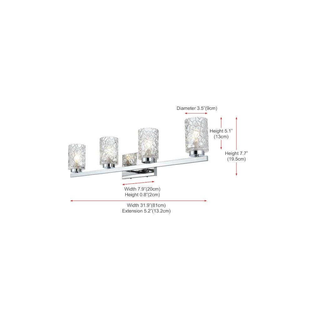 Diameter 3.5" (9cm)  
Height 5.1" (13cm)  
Height 7.7" (19.5cm)  
Width 7.9" (20cm)  
Height 0.8" (2cm)  
Width 31.9" (81cm)  
Extension 5.2" (13.2cm)