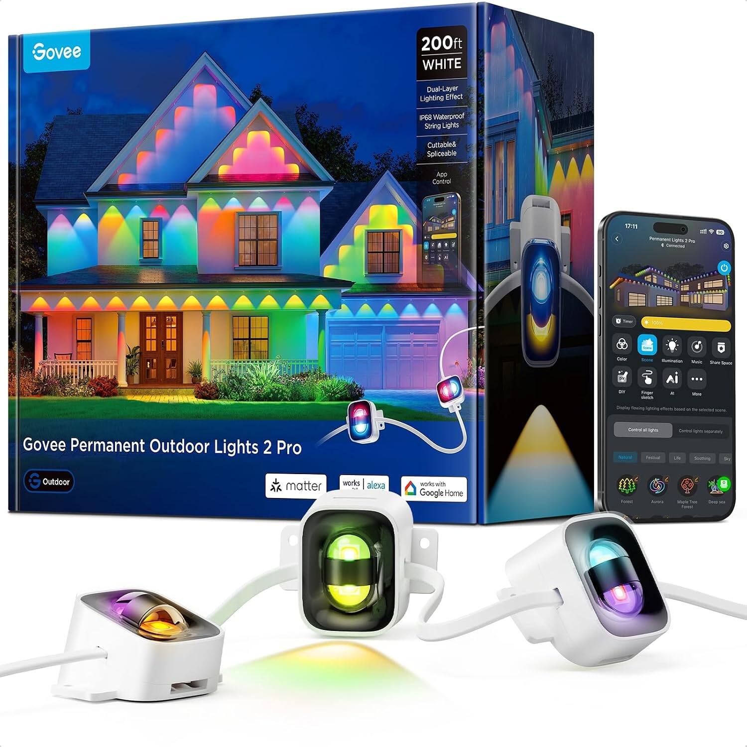 Govee  
200ft WHITE  
Dual-Layer Lighting Effect  
P68 Waterproof String Lights  
Cuttable & Spliceable  
App Control  

Govee Permanent Outdoor Lights 2 Pro  
Outdoor  
works with Alexa  
works with Google Home  
matter  

Permanent Lights I Connected  
Color  
DIY  
Reger  
AI  
Store  
Copley  
Kensing  
Lighting effects  
SUGAR 2 to  
Govee Permanent Outdoor Lights 2 Pro  
Outdoor  
works with Alexa  
works with Google Home  
matter