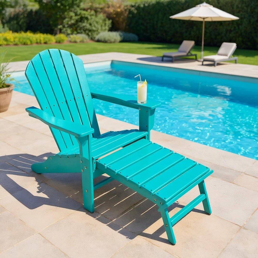 Kadyn - Folding Adirondack Chair, Patio HDPE Adirondack Chair with Retractable Ottoman,Patio Chairs, Lawn Chairs -Turquoise - Blue