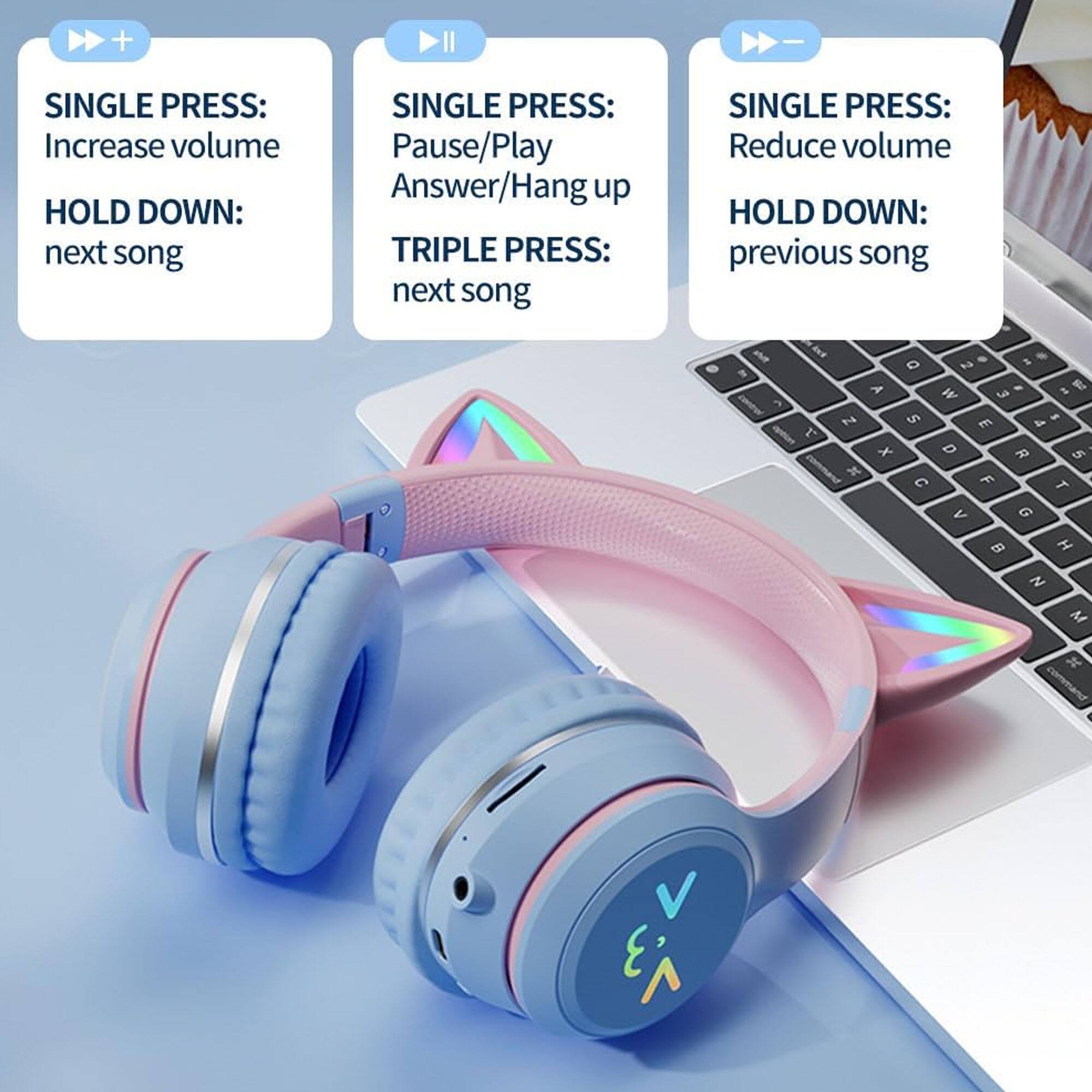 - SINGLE PRESS: Increase volume
- HOLD DOWN: next song
- SINGLE PRESS: Pause/Play Answer/Hang up
- TRIPLE PRESS: next song
- SINGLE PRESS: Reduce volume
- HOLD DOWN: previous song