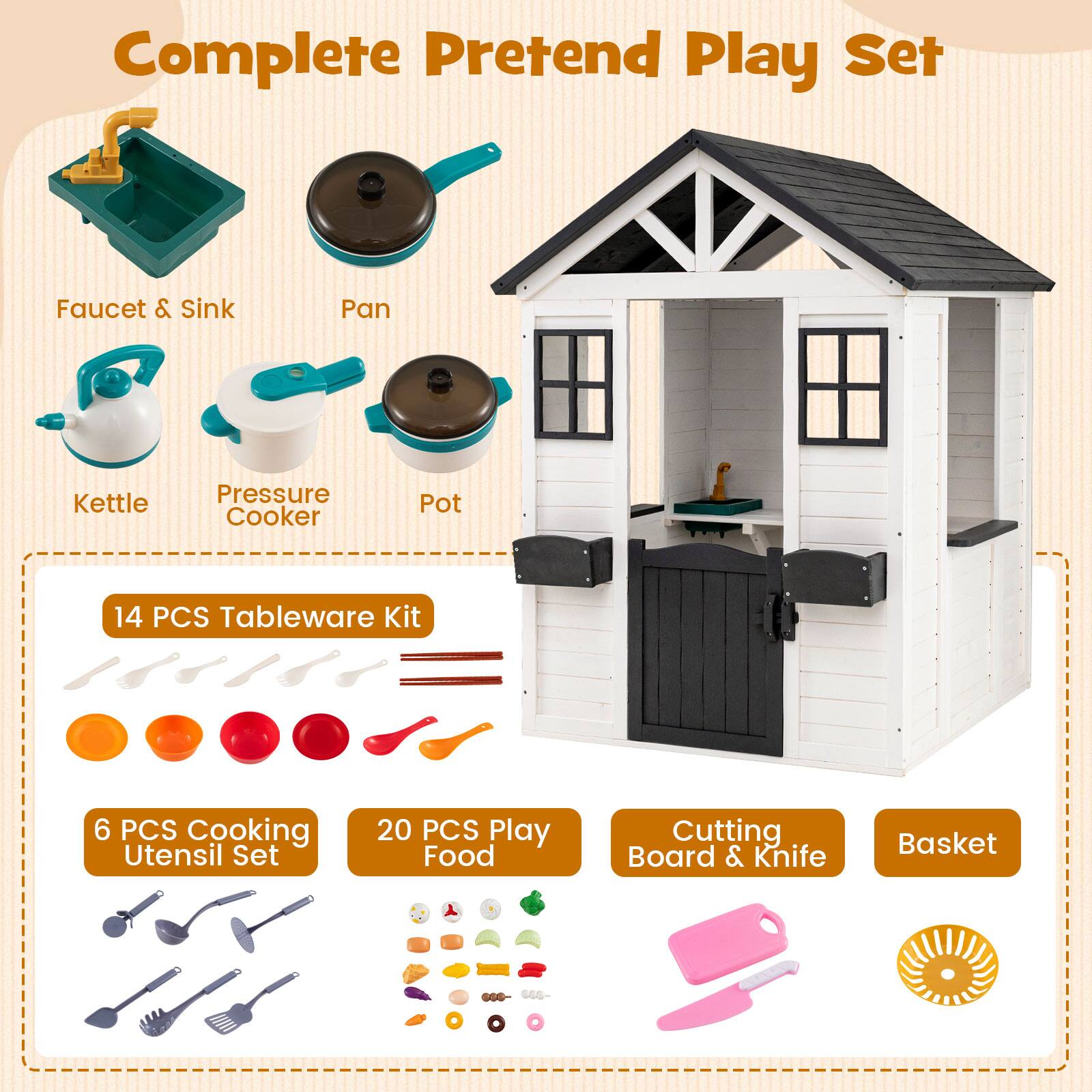 Complete Pretend Play Set Faucet & Sink Pan Kettle Pressure Cooker Pot 14 PCS Tableware Kit 6 PCS Cooking Utensil Set 20 PCS Play Food Cutting Board & Knife Basket