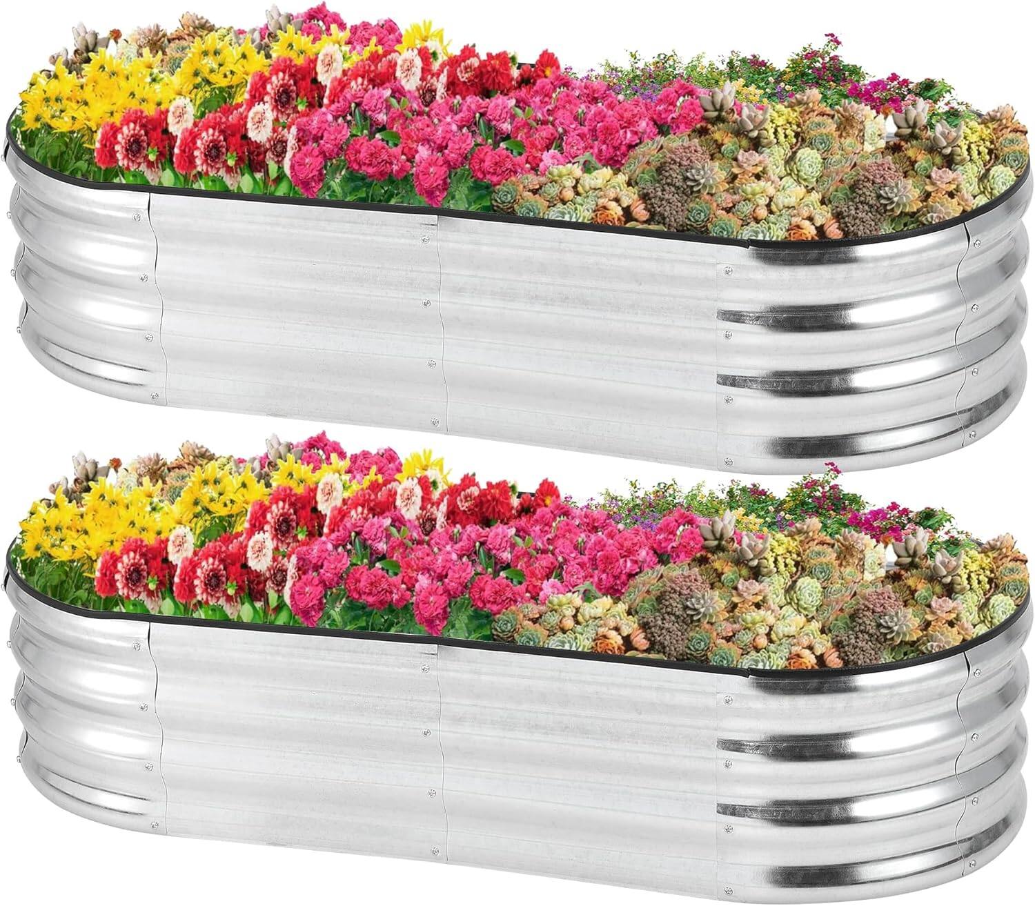 Front. Acekool - 2-Pack 4.5x2x1ft Oval Galvanized Raised Garden Beds, Silver, Heavy Duty Metal Planters, Tool-Free Assembly - White.