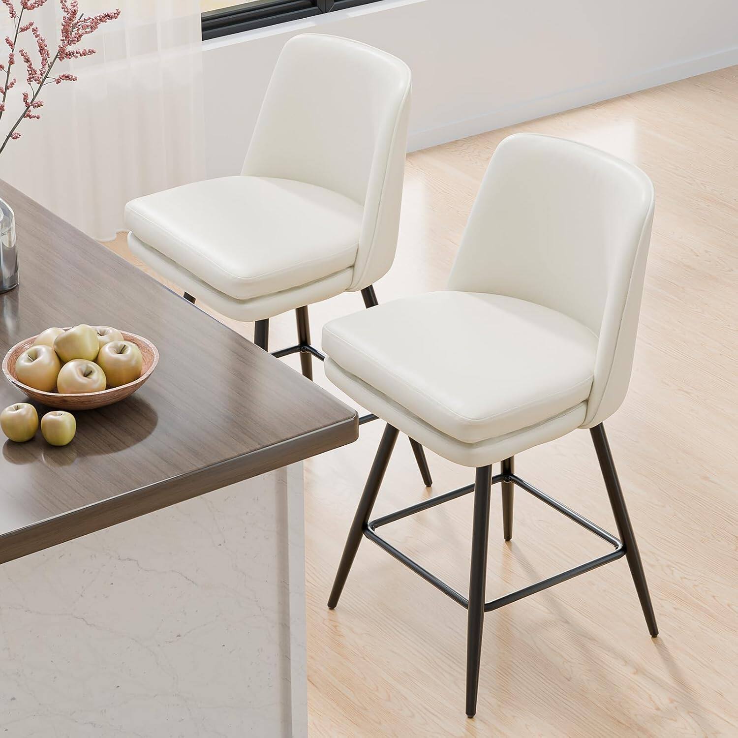 Alt View 4. Winado - 26" H Swivel Barstools PU Faux Leather Upholstered Counter Height Bar Stool Chair with Back, Square Seat, Metal Legs - White-Set of 2.