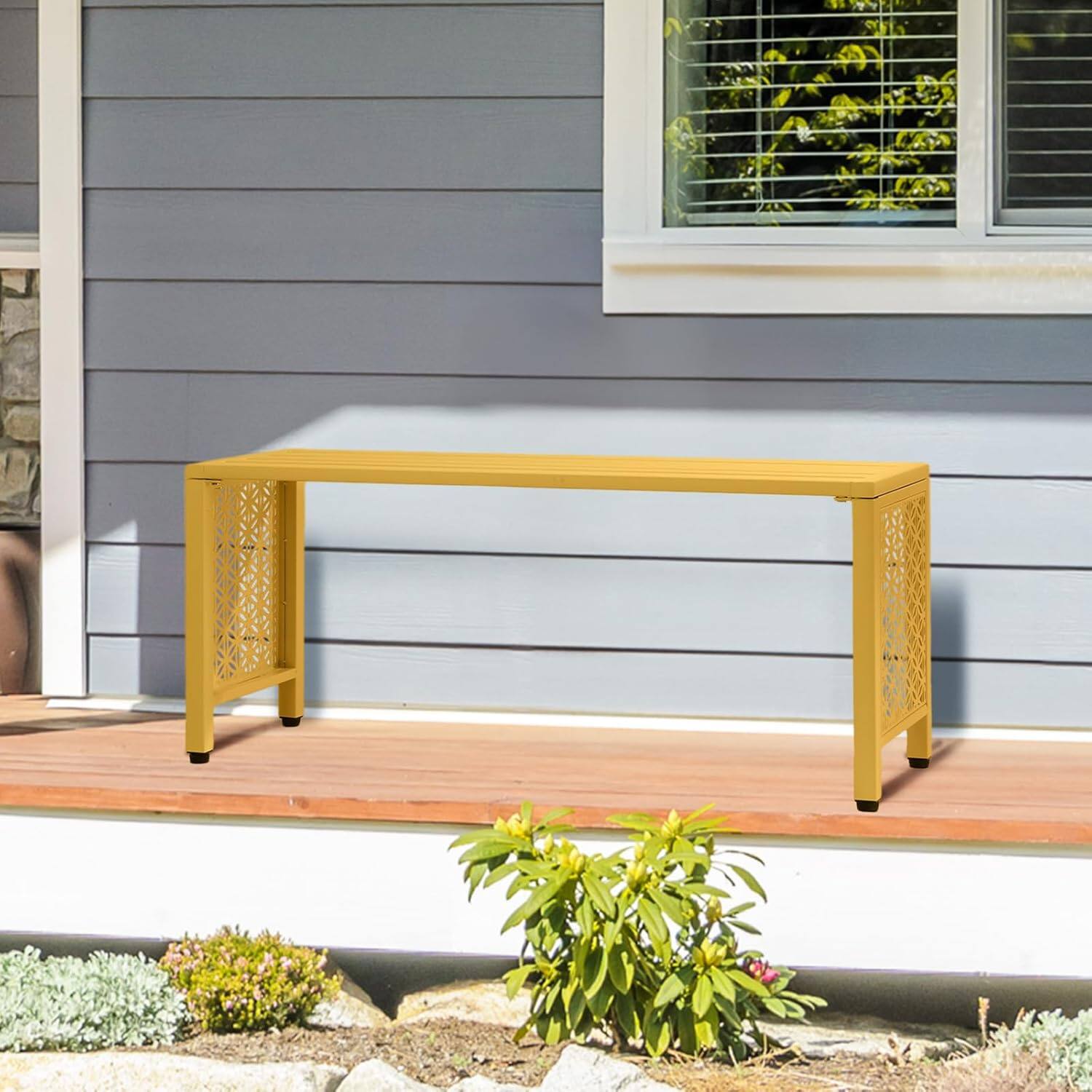 Alt View 7. Winado - 40in Metal Bench Backless Patio Bench with Slatted Seat, Floral Side Panels for Outdoor Garden Seating Entryway Backyard - Yellow.