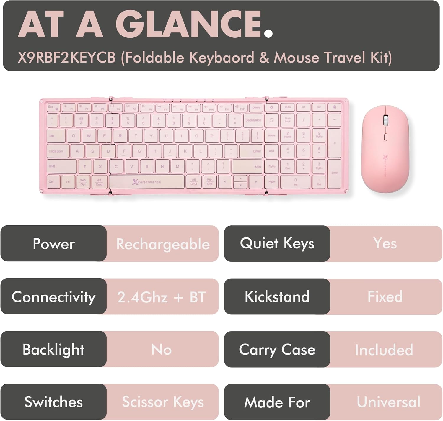 AT A GLANCE.  
X9RBF2KEYCB (Foldable Keyboard & Mouse Travel Kit)  

- Power: Rechargeable  
- Connectivity: 2.4Ghz + BT  
- Backlight: No  
- Switches: Scissor Keys  
- Quiet Keys: Yes  
- Kickstand: Fixed  
- Carry Case: Included  
- Made For: Universal