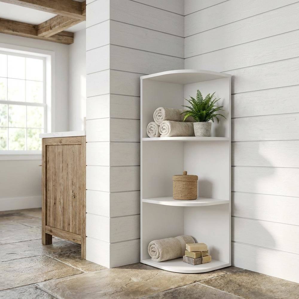 Angle. FurniFact - White 3-Tier Corner Open Shelf Bookcase with Wooden Shelves - White.