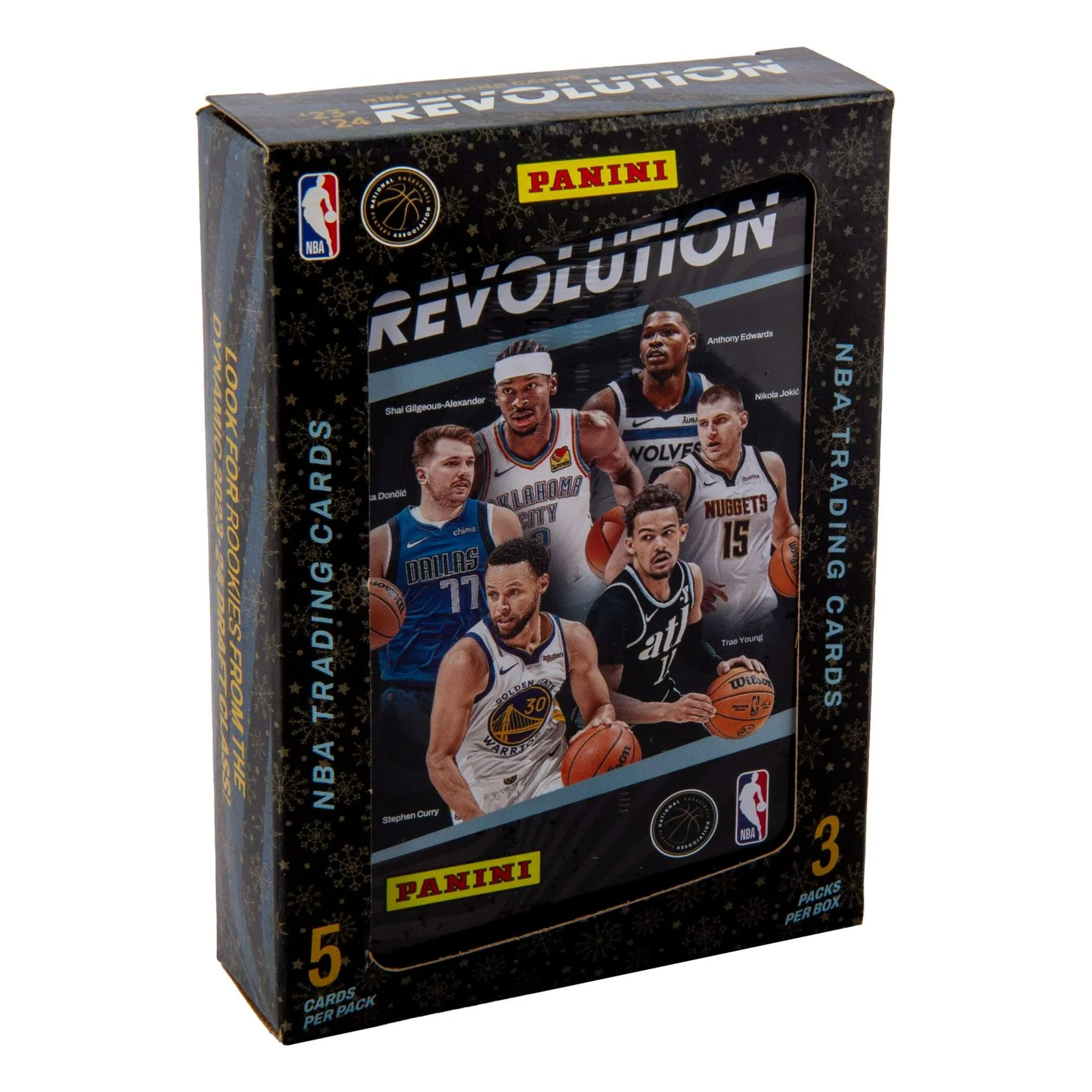 24 REVOLUTION  
PANINI  
NBA TRADING CARDS  
5 CARDS PER BACK  
3 PACKS PER BOX  

Anthony Edwards  
Shai Gilgeous-Alexander  
Nikola Jokić  
Stephen Curry  
Trae Young  

LOOK FOR ROOKIES  
LOOK FOR CARDS  
Dontic  
OKLAHOMA CITY WOLVES  
NUGGETS  
TRADING  
CHUMP  
115  
ROOKIES  
UNIS  
77  
TRADING  
af  
Toae  
Yio  
CARDS  
FROM  
DLOIEE  
Wil  
30  
THUACS  
THE  
NBA  
HARESE  
E  
ophan  
Crry  
AB  
3  
PANINI PACKS PER BOX  
5 CARDS PACK PER