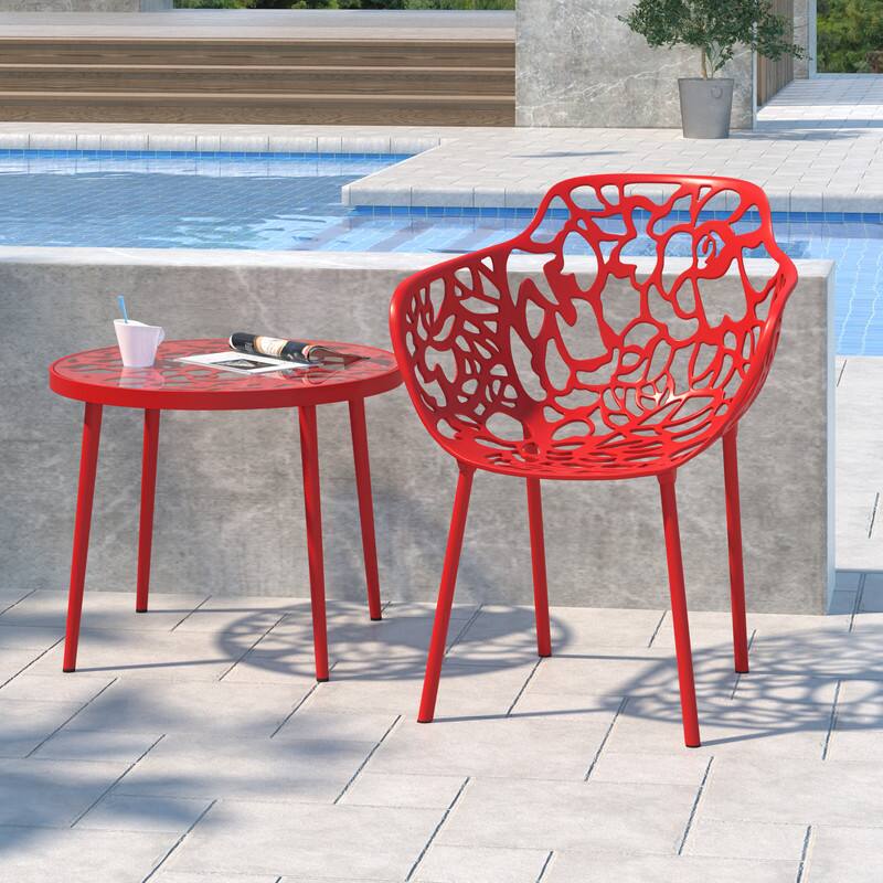 Angle. LeisureMod - Devon Stackable Aluminum Dining Chair with Floral Cutout Design Side Chair for Indoor Outdoor - Red.