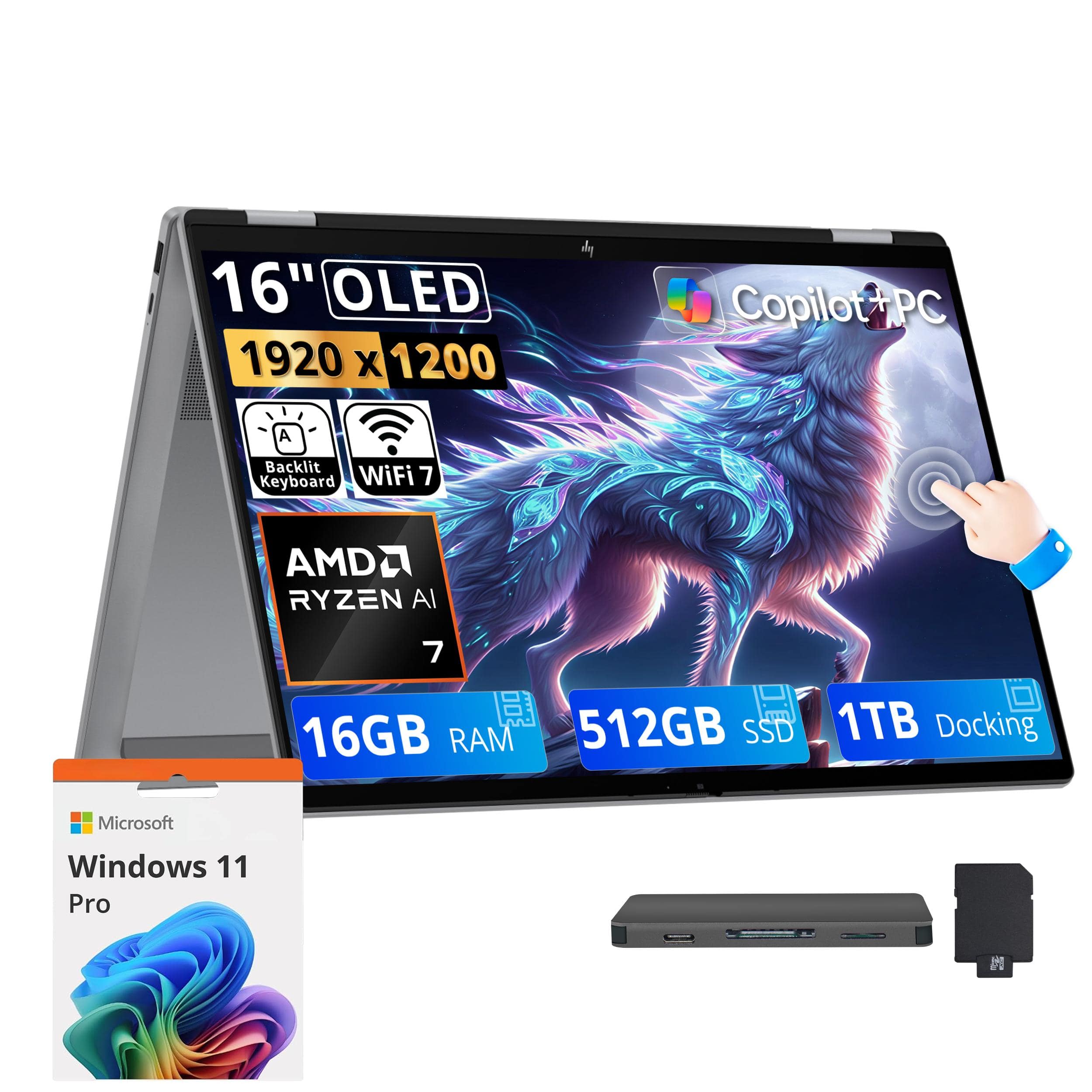 HP - Upgraded - OmniBook X Flip 16" 2K OLED Touch 2-in-1 Laptop,AMD Ryzen AI 7 445,16GB LPDDR5X,512GB SSD+1TB Dock,Backlit,Win 11 Pro - Meteor Silver