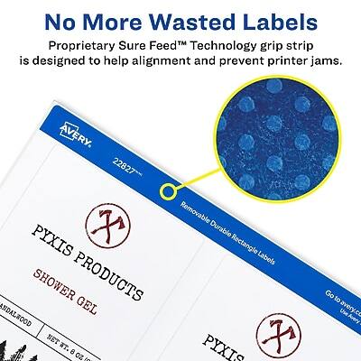No More Wasted Labels  
Proprietary Sure Feed™ Technology grip strip is designed to help alignment and prevent printer jams.

AVERY 22827  
Removable Durable Rectangle Labels

PYXIS PRODUCTS  
SHOWER GEL

Go to avery.com