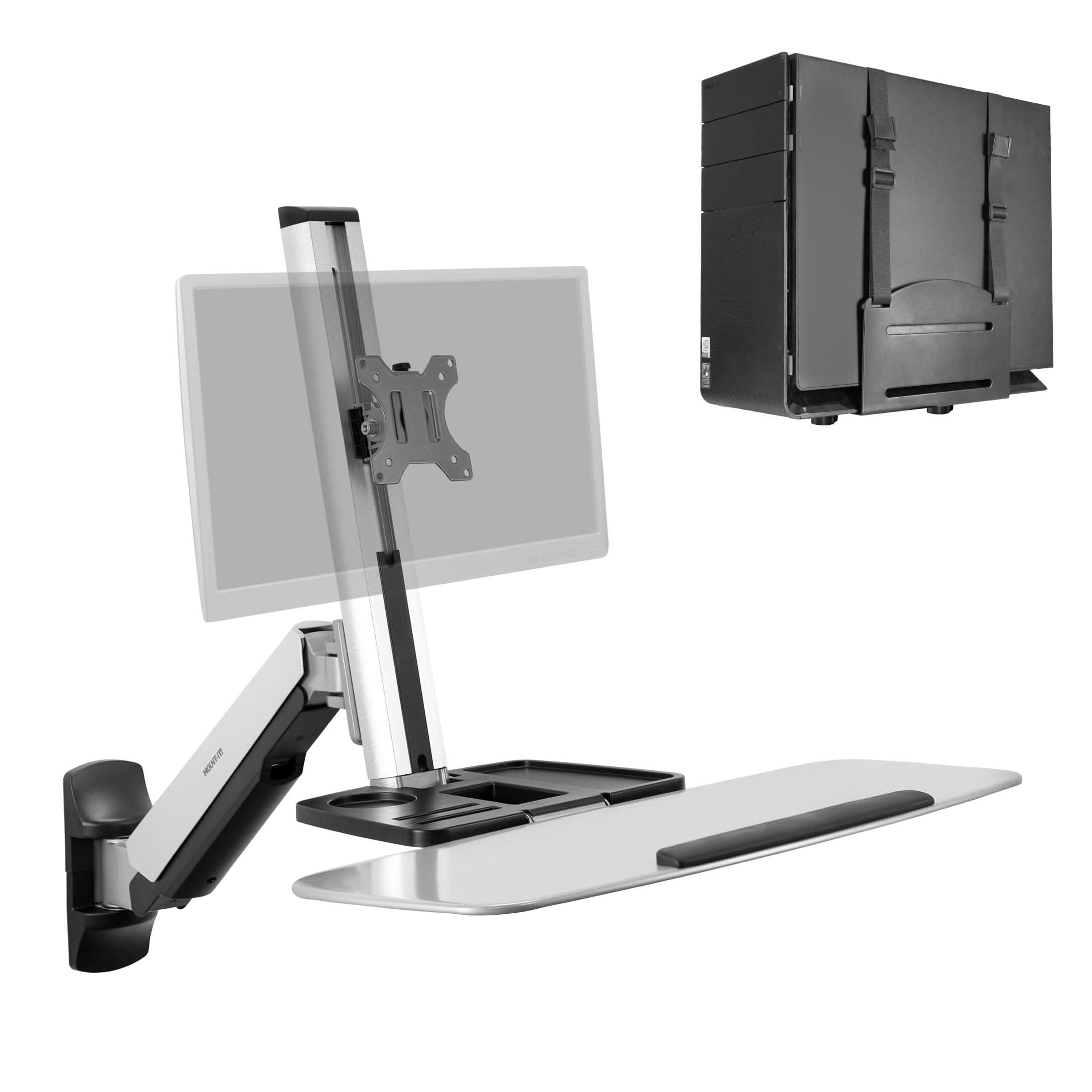 Alt View 5. Mount-It! - Wall‑Mounted Sit‑Stand Single Monitor Workstation with Adjustable Height, Keyboard & CPU Mount, Silver - Silver.