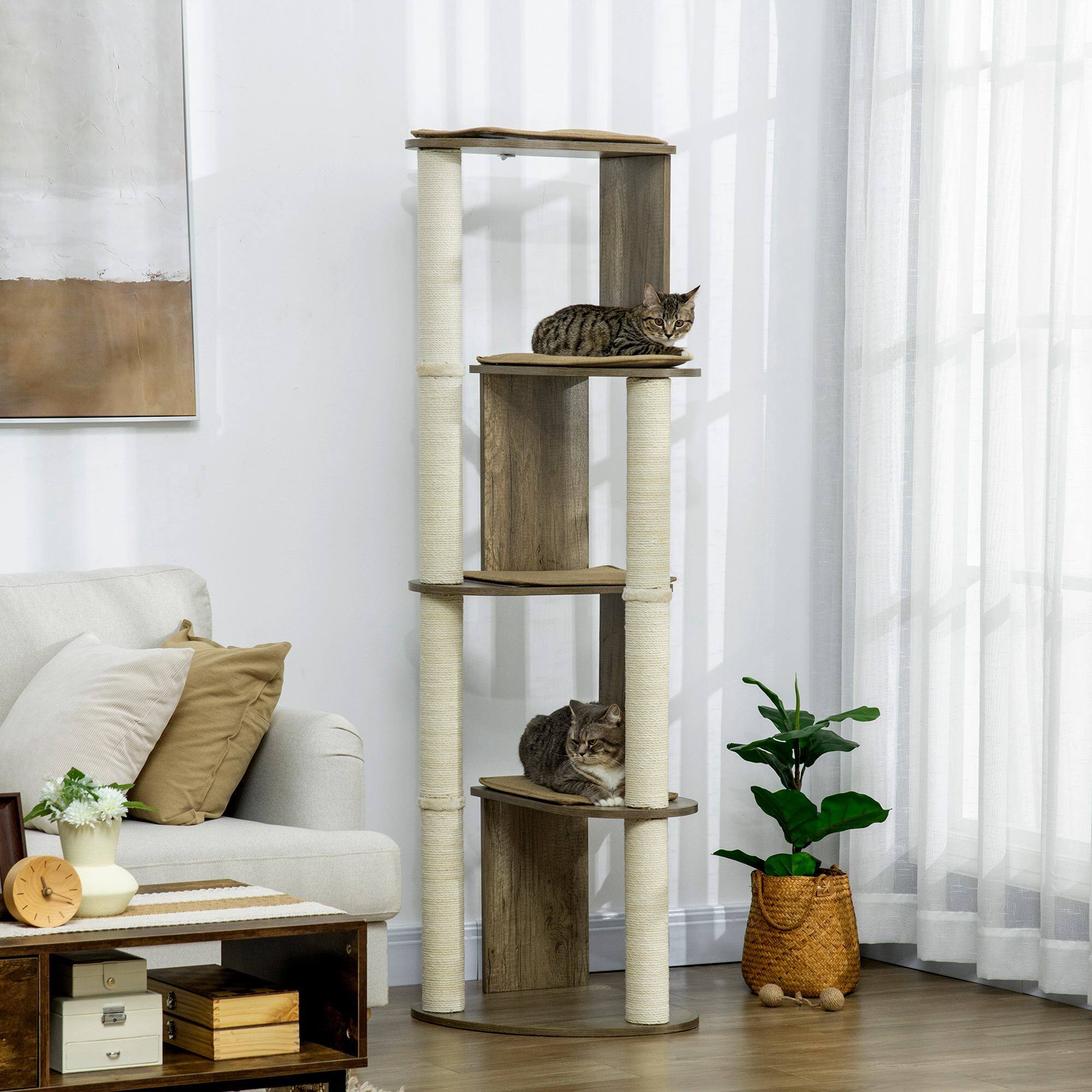 Angle. Pawhut - 65" Corner Modern Cat Tree, Tall for Climbing, Large Multilevel Tower, Scratching Posts, Small-Fit Kitten, Sisal - Cream White.