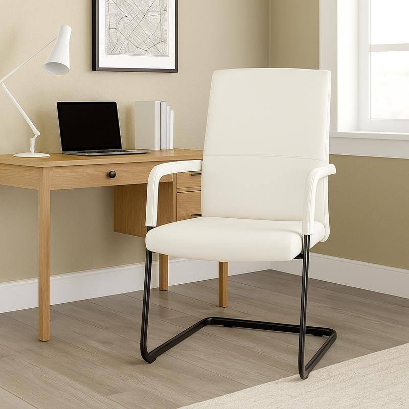 Angle. LeisureMod - Evander Leather Office Chair with Aluminum Frame, Fixed Armrests, Sponge Cushion, Easy-Clean Design & Quick Assembly - White.