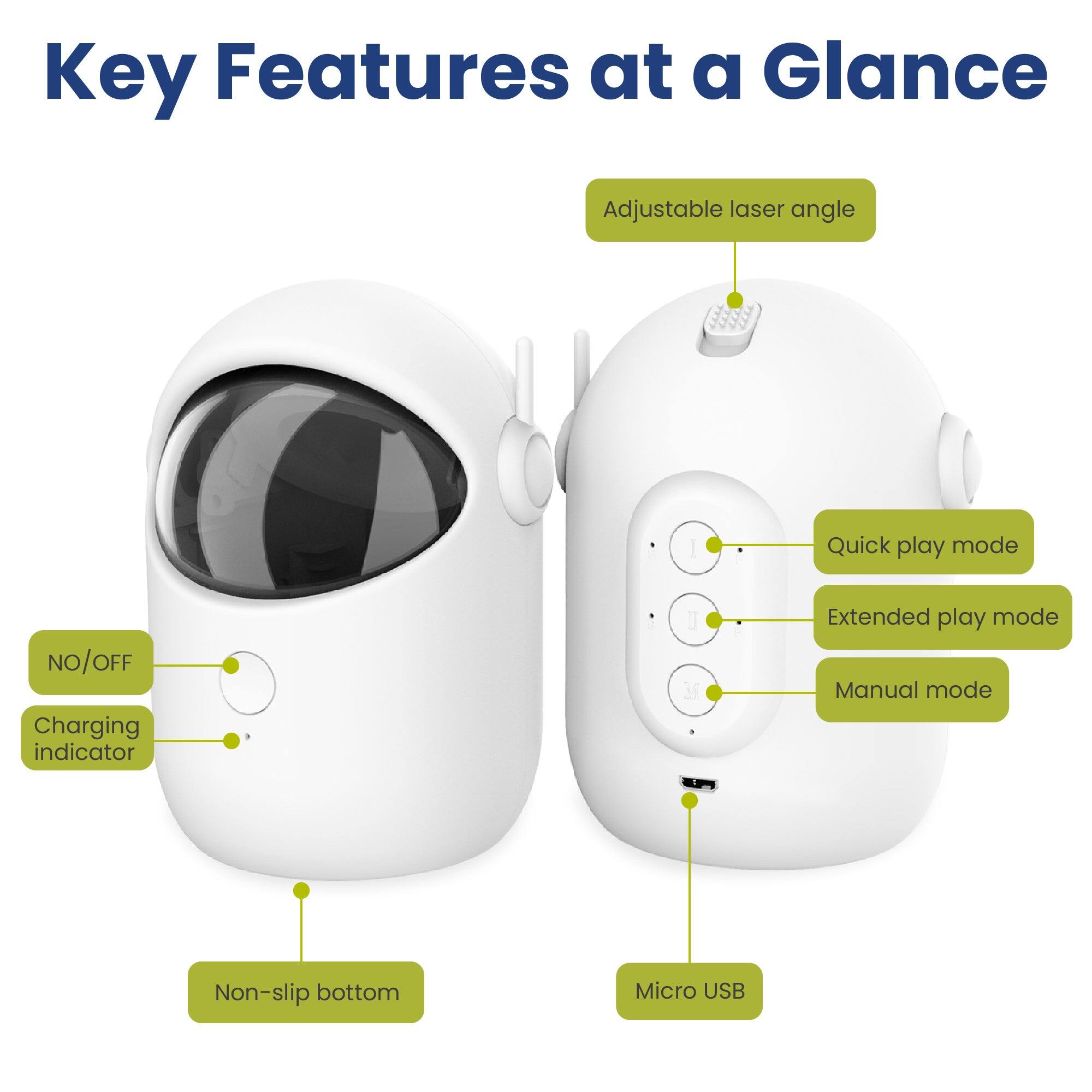 Key Features at a Glance

- Adjustable laser angle
- Quick play mode
- NO/OFF Charging indicator
- Extended play mode
- Manual mode
- Non-slip bottom
- Micro USB