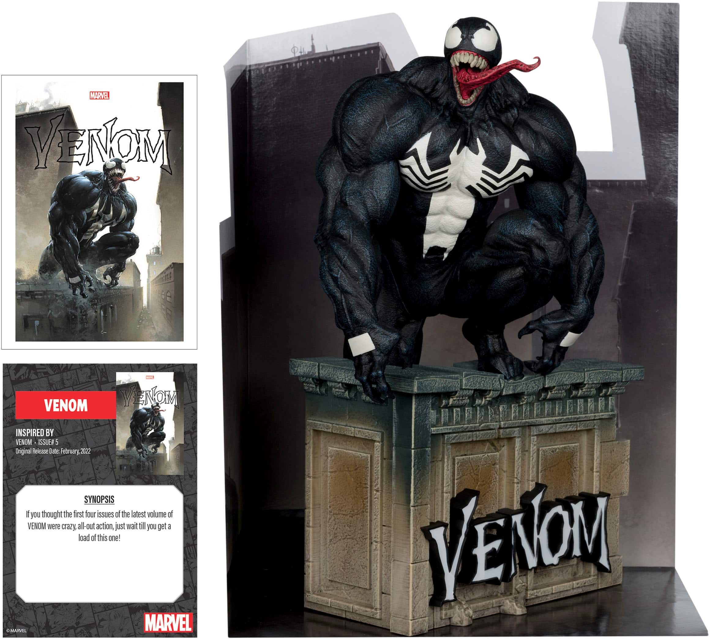 The text on the image is grouped and corrected as follows:
"4 MUDV PAO VENOM VENOM INSPIRED BY VENOM SSUER: Original Release Date: February 2022 SYNOPSIS: You thought the first four issues of the latest volume of VENOM were all-out action? Just wait until you get a load of this one!"