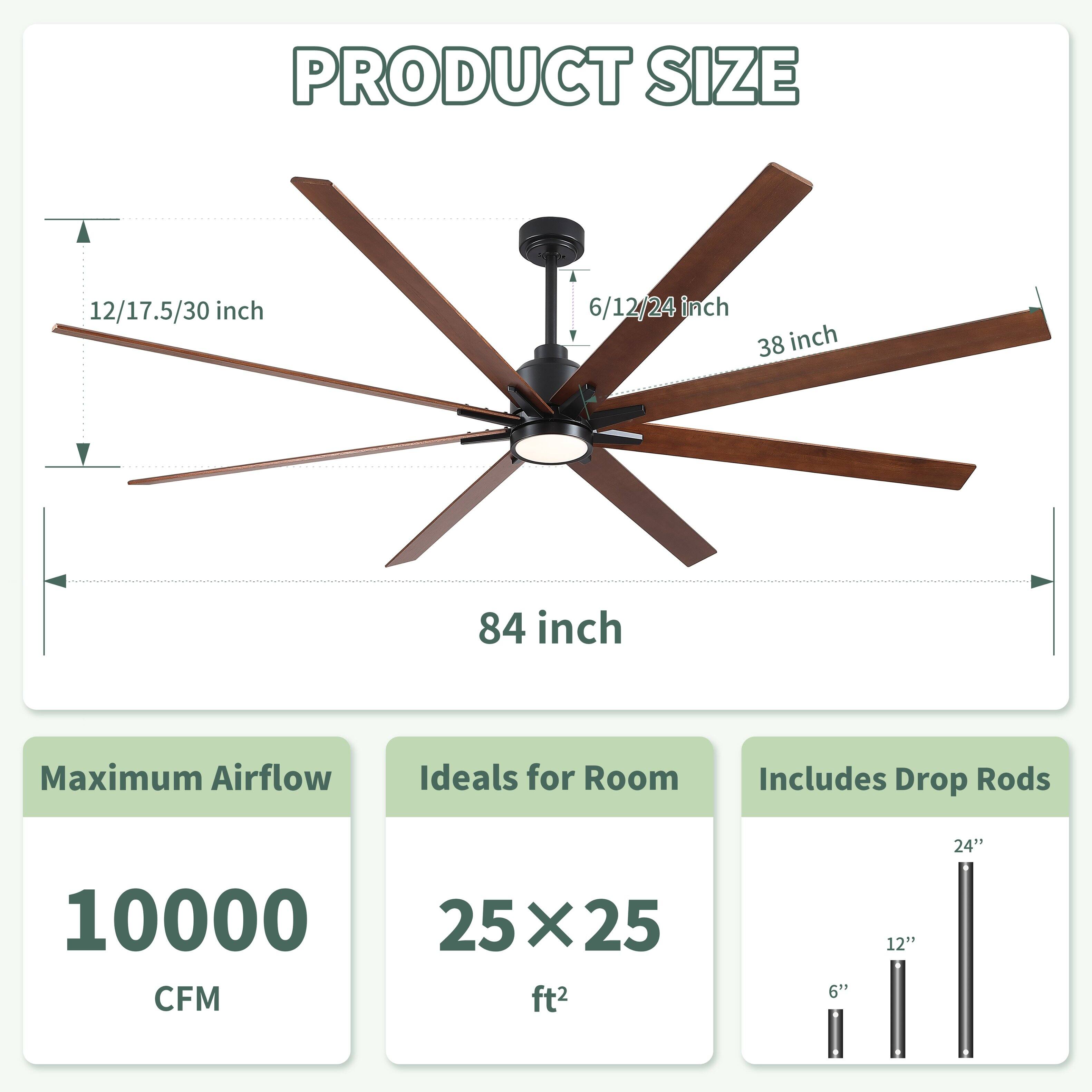 PRODUCT SIZE

- 12/17.5/30 inch
- 6/12/24 inch
- 38 inch
- 84 inch

Maximum Airflow: 10000 CFM

Ideals for Room: 25 x 25 ft²

Includes Drop Rods: 6", 12", 24"