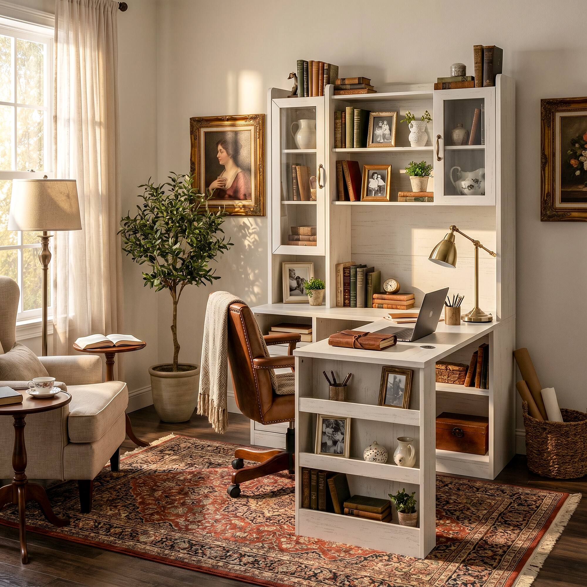 Angle. Famapy - Study Desk with Tall Storage Cabinet – White Vintage Student Writing Table with Drawers & Bookshelf for Bedroom, Dorm - White.