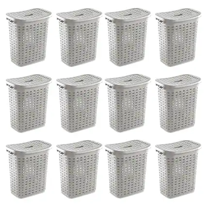 Front. Sterilite - Sterilite Plastic Weave Laundry Hamper Slim Clothes Lidded Basket, Gray, 12-Pack - Gray.