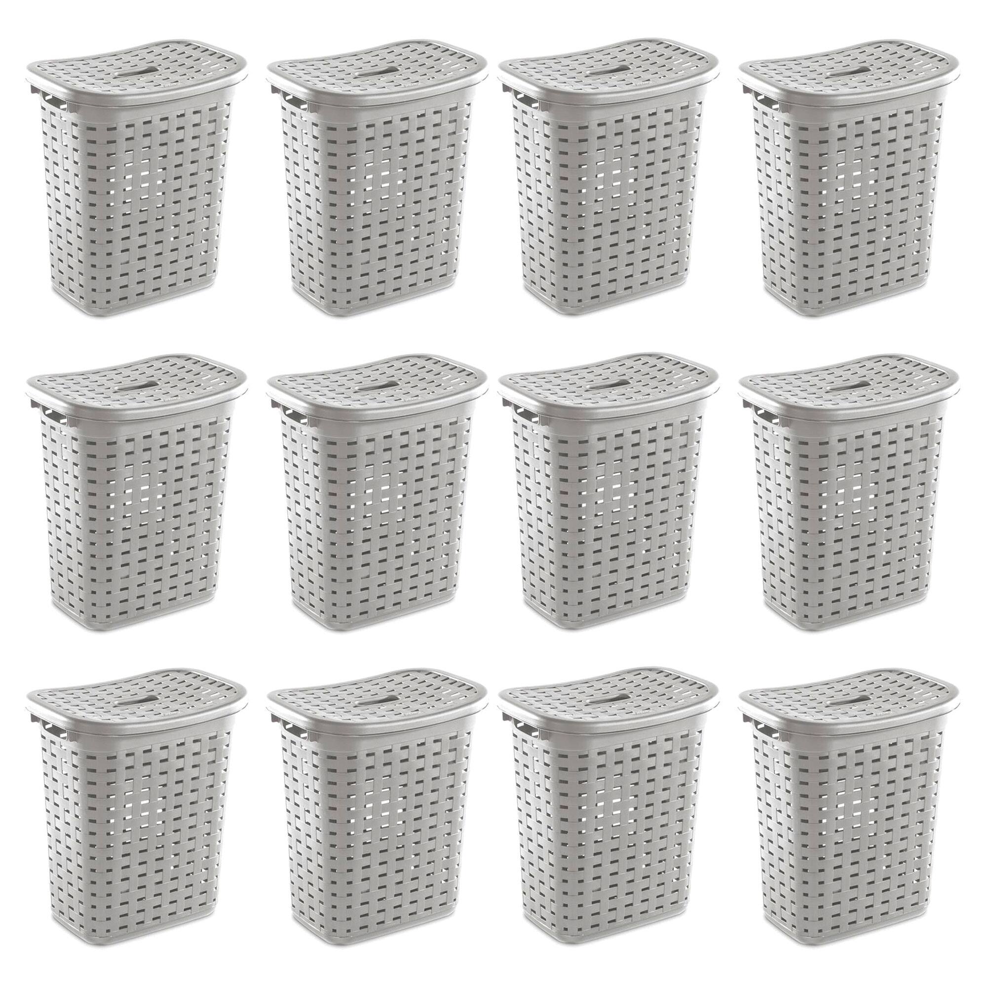 Front. Sterilite - Sterilite Plastic Weave Laundry Hamper Slim Clothes Lidded Basket, Gray, 12-Pack - Gray.