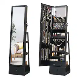 Cedar Assembly - Full Length Mirror Jewelry Cabinet Standing With Built-In Mirror - 63.7 H Jewelry Armoire With Mirror 3 D - Black 63.7*15.7