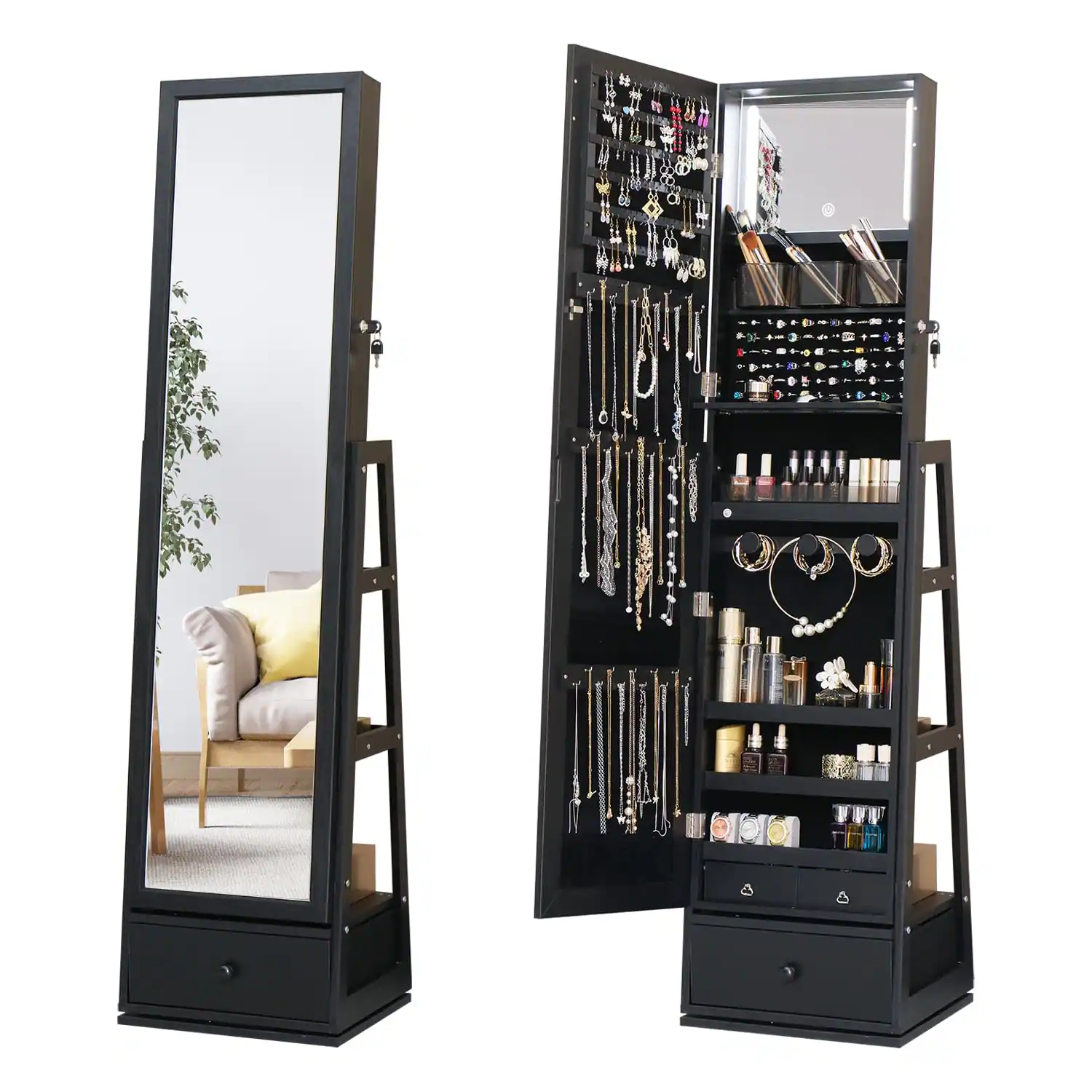 Front. Cedar Assembly - Full Length Mirror Jewelry Cabinet Standing With Built-In Mirror - 63.7 H Jewelry Armoire With Mirror 3 D... - Black 63.7*15.7.