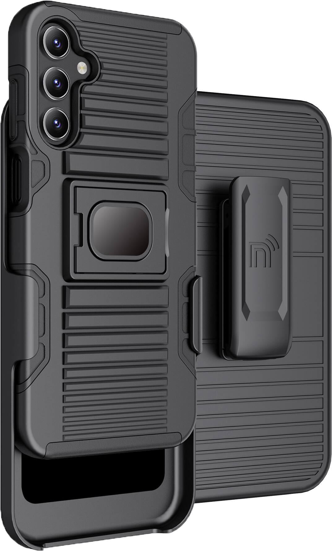 Front. Nakedcellphone - Combo for Samsung Galaxy A15 5G / A25 5G - Rugged Phone Case with Stand and Belt Clip Holster - Black.