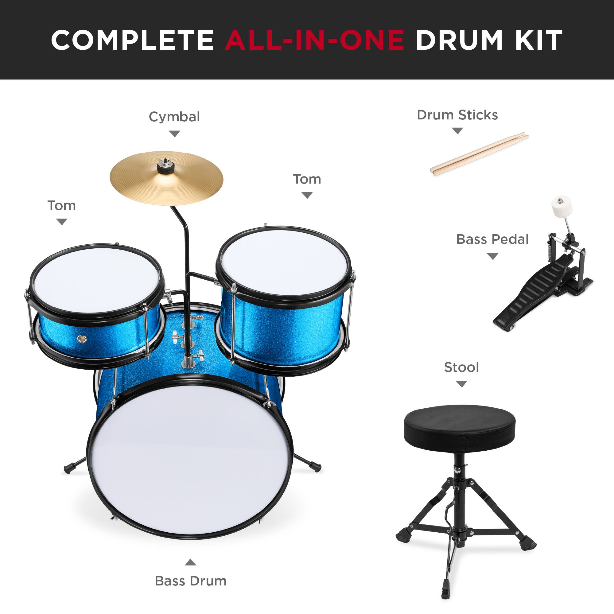 COMPLETE ALL-IN-ONE DRUM KIT

- Cymbal
- Tom
- Tom
- Bass Drum
- Drum Sticks
- Bass Pedal
- Stool