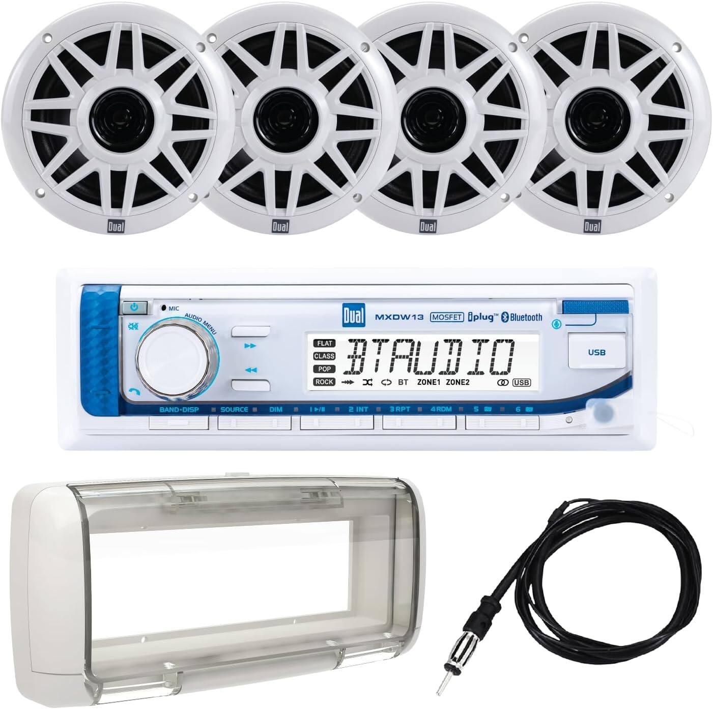 Dual - MXP154SG Single DIN Marine Radio | AM/FM | Bluetooth | USB | Four 6.5" Speakers | Splashguard | Antenna - White