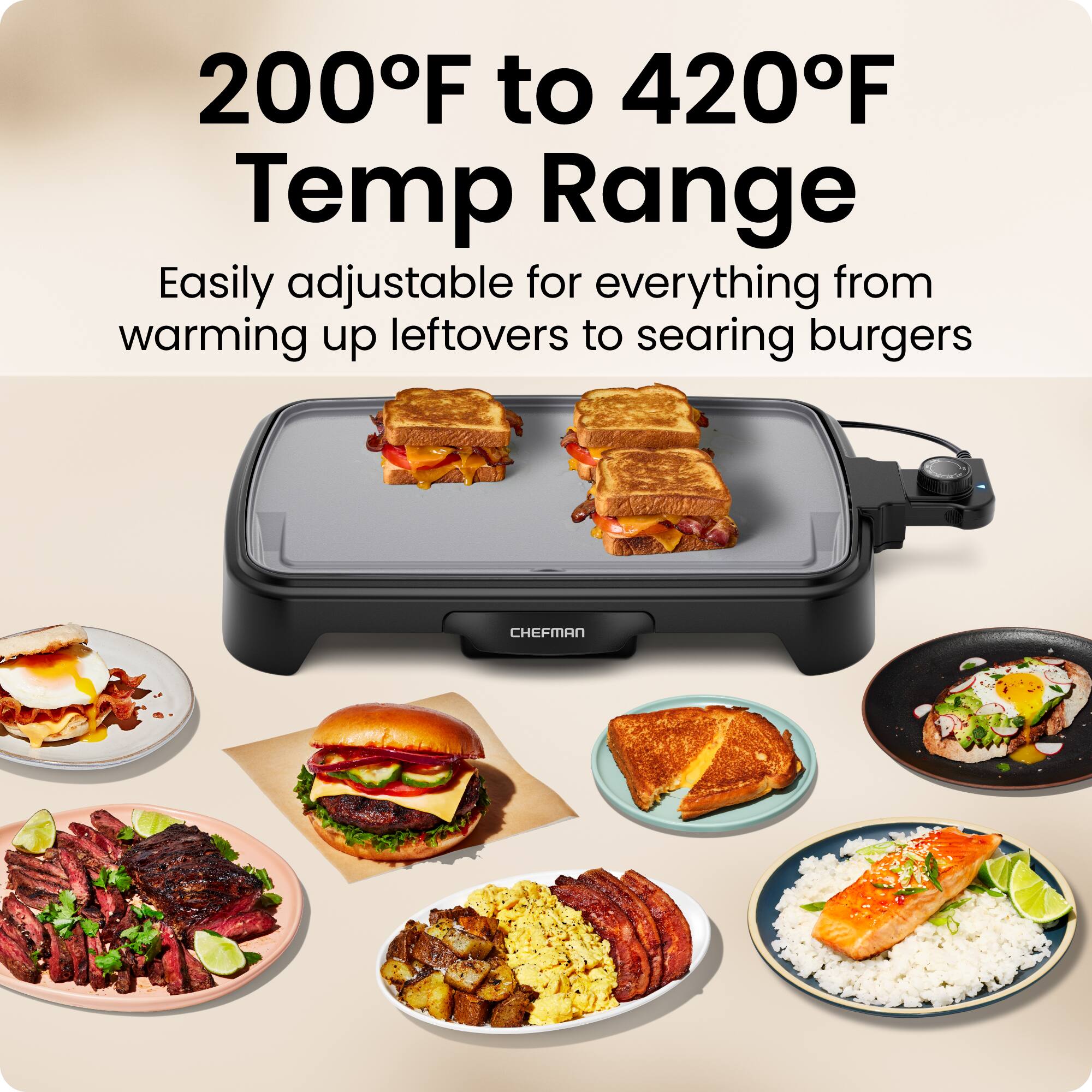 200°F to 420°F Temp Range  
Easily adjustable for everything from warming up leftovers to searing burgers
