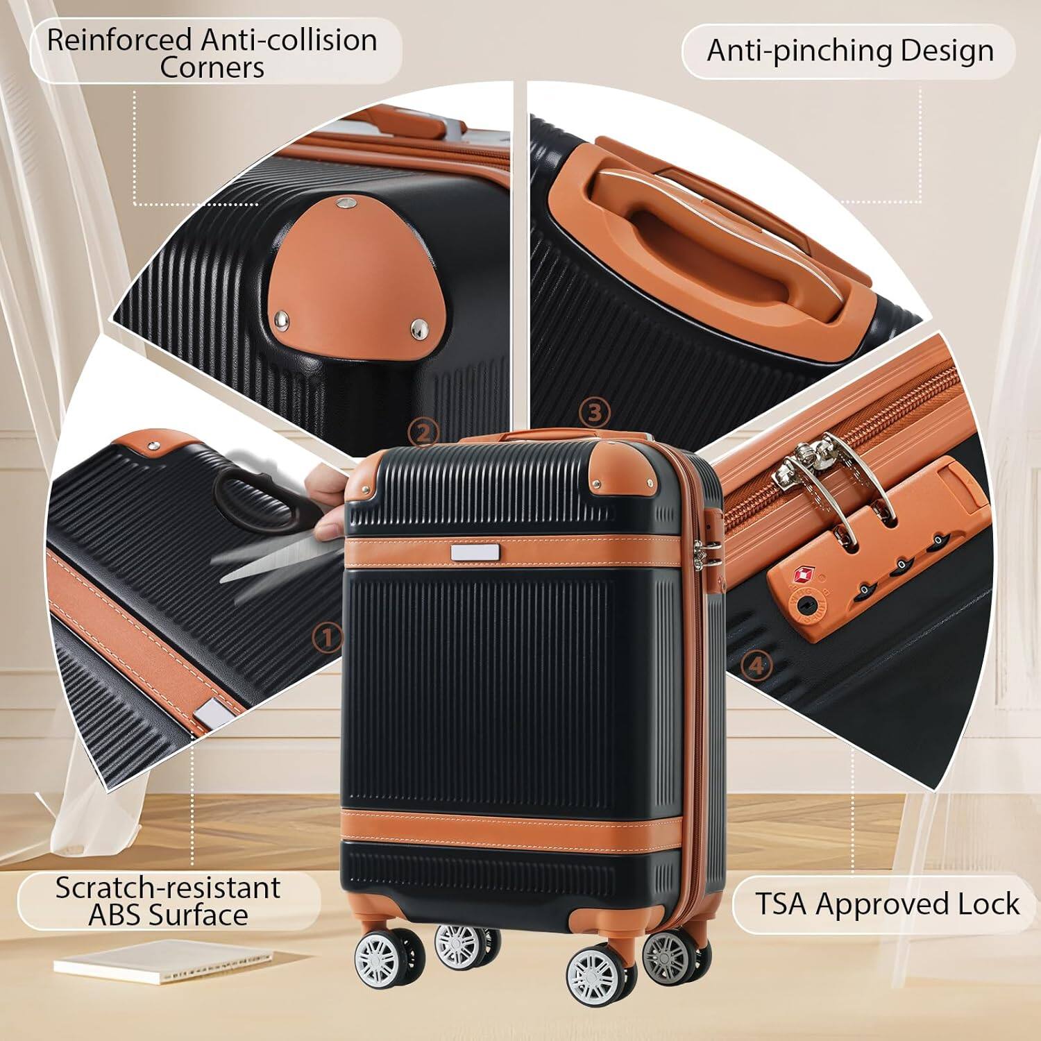 Reinforced Anti-collision Corners  
Anti-pinching Design  
Scratch-resistant ABS Surface  
TSA Approved Lock