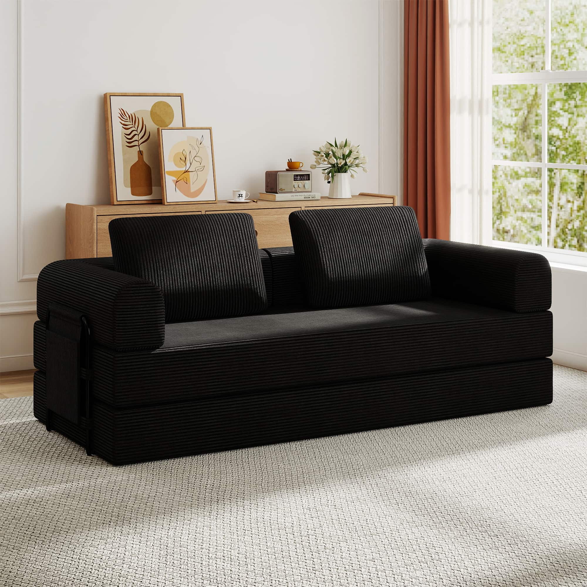 TinyHomie - Convertible Sleeper Sofa Bed with Cylindrical Pillow - Corduroy Folding Mattress Couch with Fixed-Shape Frame - Black