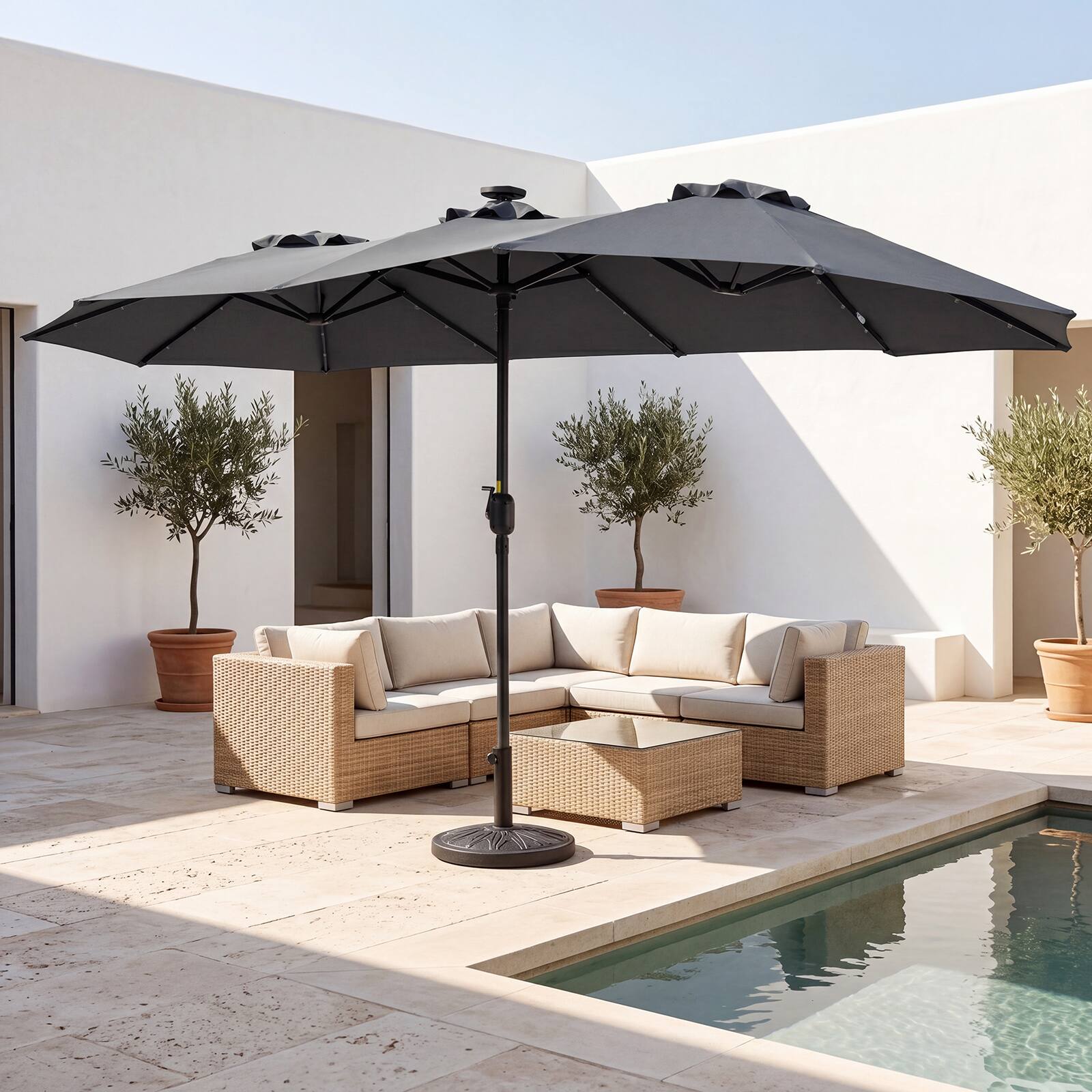 Alt View 3. Costway - Costway 13 FT Double-Sided Patio Umbrella with Solar Lights, 36 LED Lights, Crank Handle - Gray.