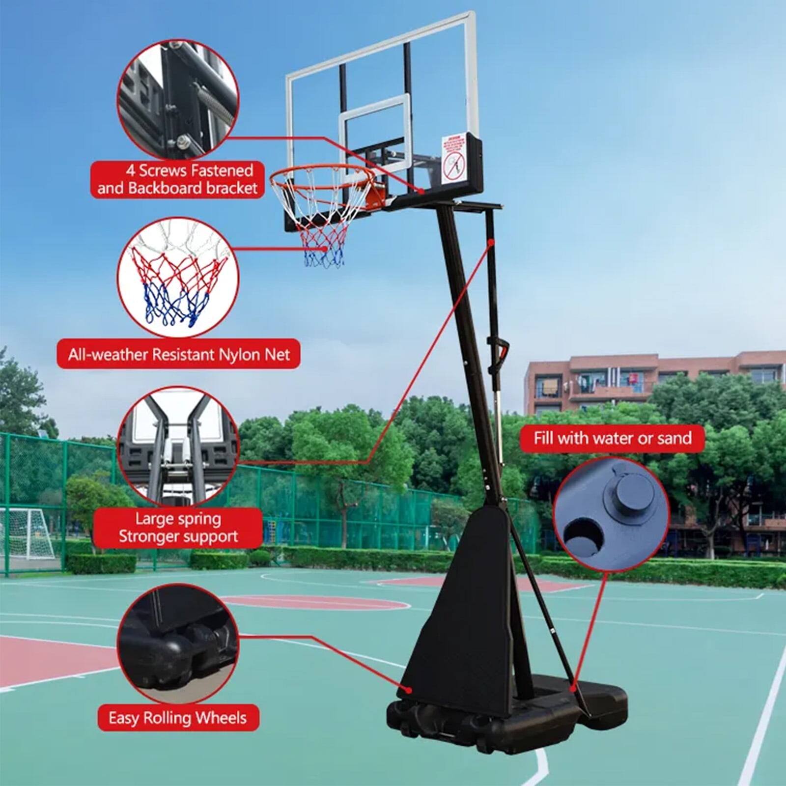 4 Screws Fastened and Backboard bracket  
All-weather Resistant Nylon Net  
Fill with water or sand  
Large spring Stronger support  
Easy Rolling Wheels