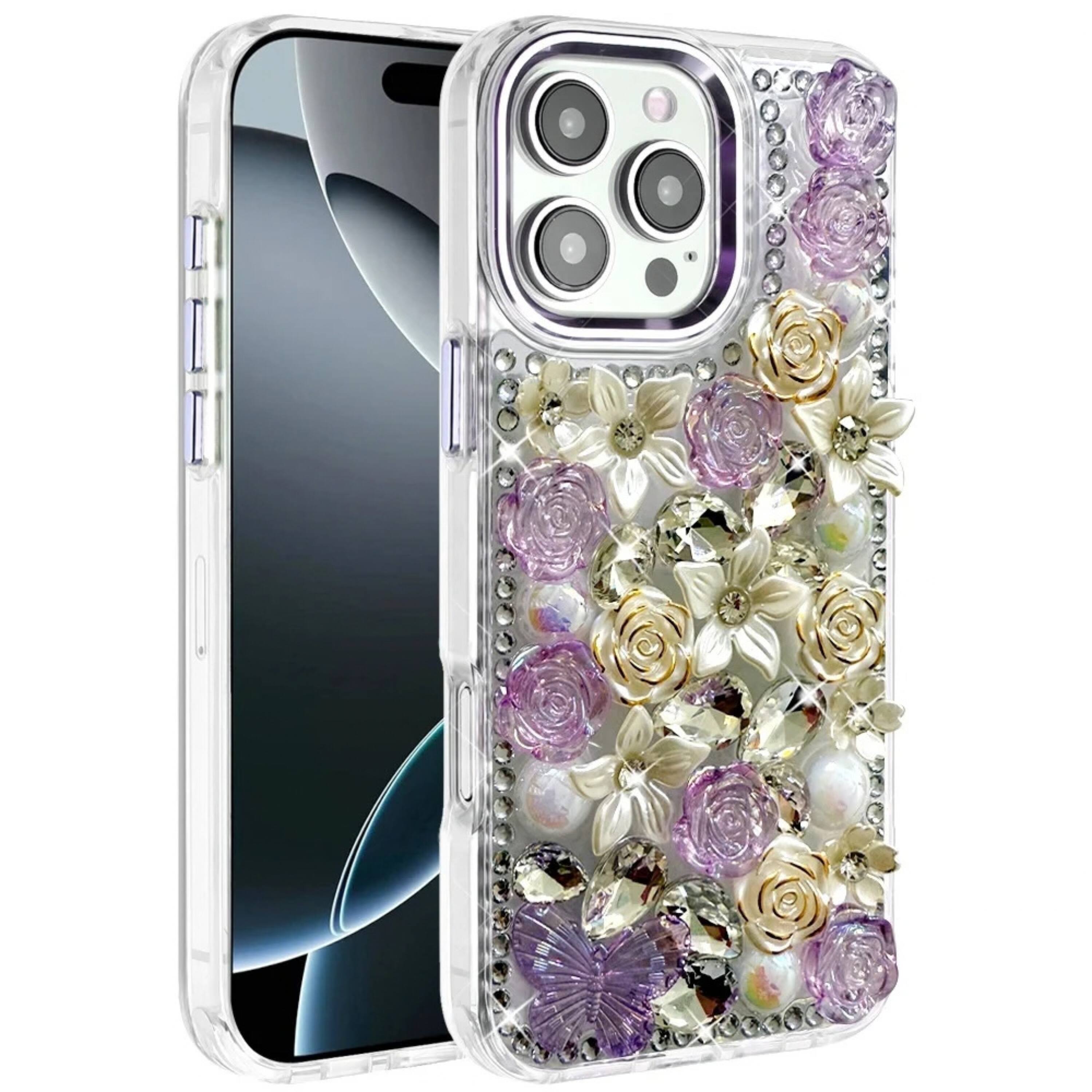 Front. Kitcheniva - 3D Floral Bling Rhinestone Phone Case With Tempered Glass For iPhone 16 Pro Max Purple - Purple.
