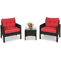 Costway 3PCS Outdoor Rattan Conversation Set Patio Furniture Cushioned Sofa Chair - Red - Front_Zoom