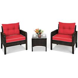 Costway - 3PCS Outdoor Rattan Conversation Set Patio Furniture Cushioned Sofa Chair - Red