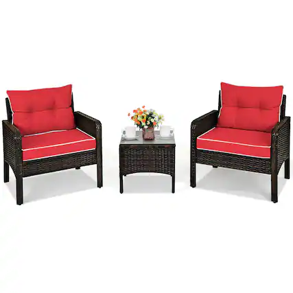Front. Costway - 3PCS Outdoor Rattan Conversation Set Patio Furniture Cushioned Sofa Chair - Red.
