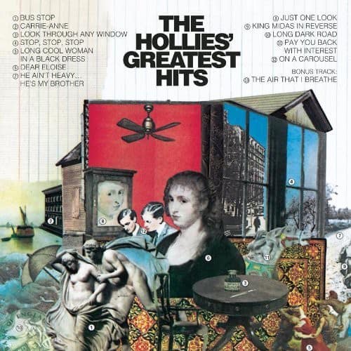 Sure, here is the corrected and grouped text:

**The Hollies' Greatest Hits**

1. Bus Stop
2. Just One Look
3. Carrie Anne
4. King Midas in Reverse
5. Look Through Any Window
6. Long Dark Road
7. Long Cool Woman in a Black Dress
8. Dear Eloise
9. On a Carousel
10. Ain't It Heavy
11. The Air That I Breathe
12. He's My Brother

**Bonus Track:**
- Ain't It Heavy

**Track Order:**
1. Bus Stop
2. Just One Look
3. Carrie Anne
4. King Midas in Reverse
5. Look Through Any Window
6. Long Dark Road
7. Long Cool Woman in a Black Dress
8. Dear Eloise
9. On a Carousel
10. Ain't It Heavy
11. The Air That I Breathe
12. He's My Brother