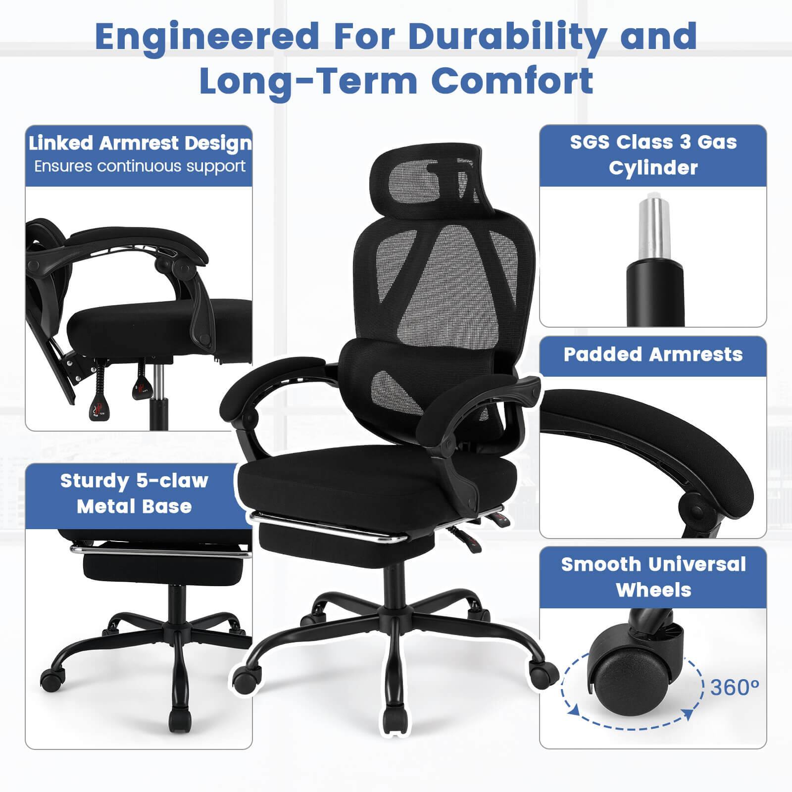 Engineered For Durability and Long-Term Comfort

Linked Armrest Design  
Ensures continuous support

Sturdy 5-claw Metal Base

SGS Class 3 Gas Cylinder

Padded Armrests

Smooth Universal Wheels  
360°
