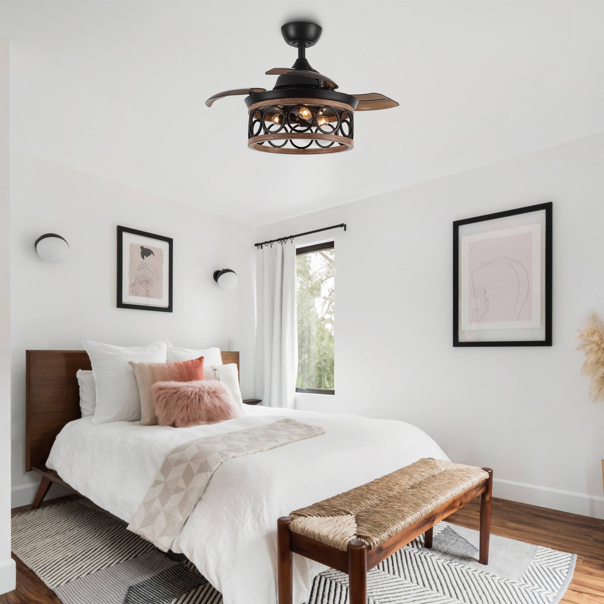 Angle. Parrot Uncle - 36" Metal Retractable 3-Blade Ceiling Fan Chandelier with Wall Switch - Matte Black.