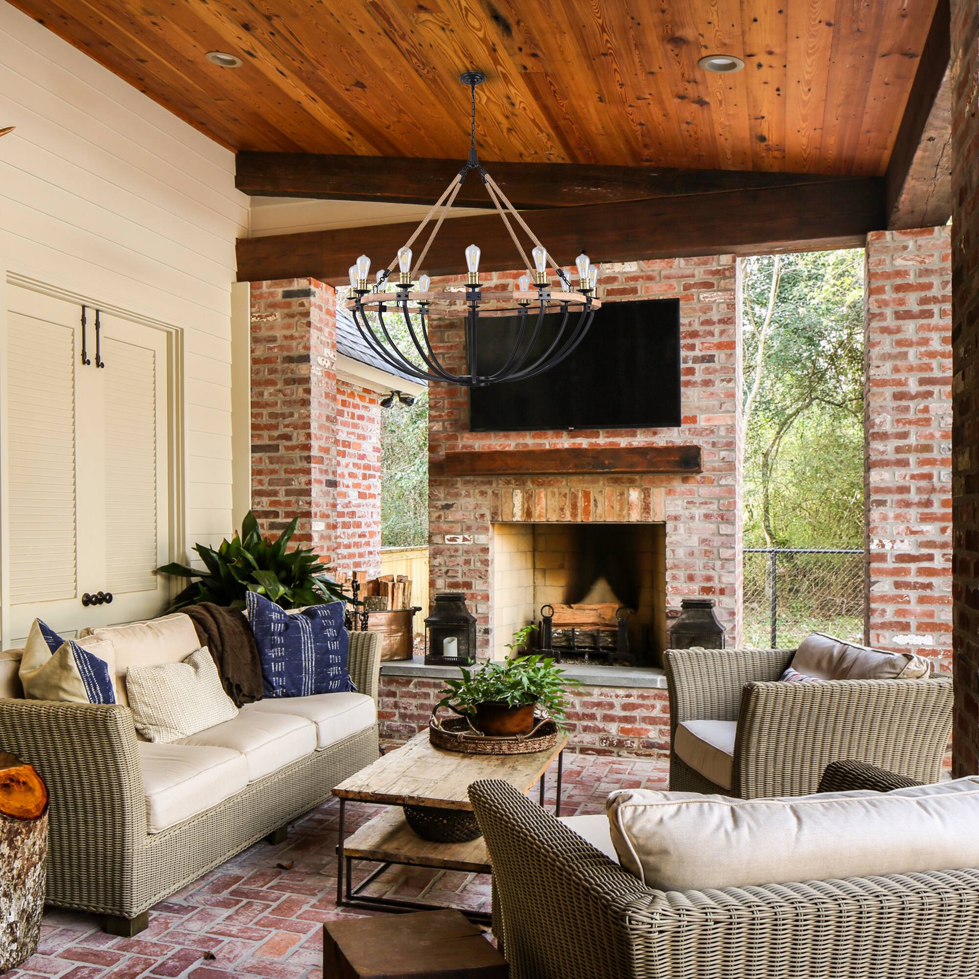 Alt View 2. RYHNUYNE - 12-Light Farmhouse Chandelier Round Wood Pendant Light 48 Inch Large Adjustable Height Rustic Industrial Fixture.