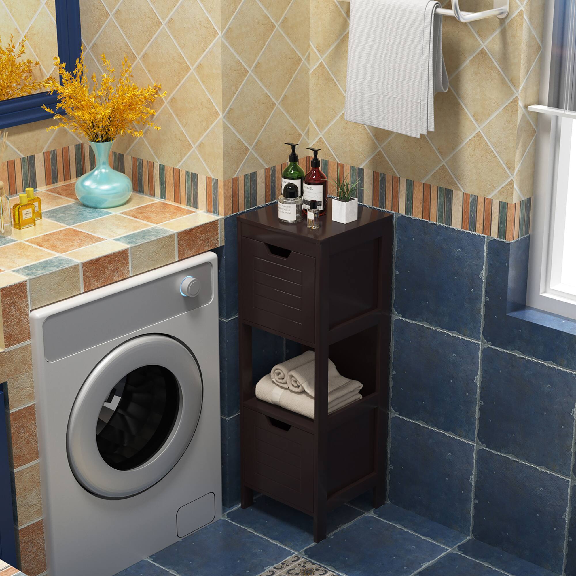 Alt View 1. Costway - Costway Bathroom Wooden Floor Cabinet Multifunction Storage Rack Organizer Brown - Brown.